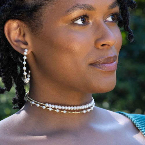 Flexible Pearl Choker Station Necklace, 18K Yellow Gold