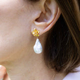 White Baroque Pearl Drop Earrings with Flower Top, Vermeil