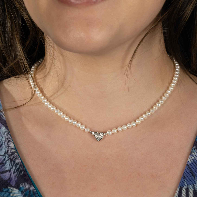 Petite Freshwater Pearl Necklace, With Heart Clasp, 14K White Gold