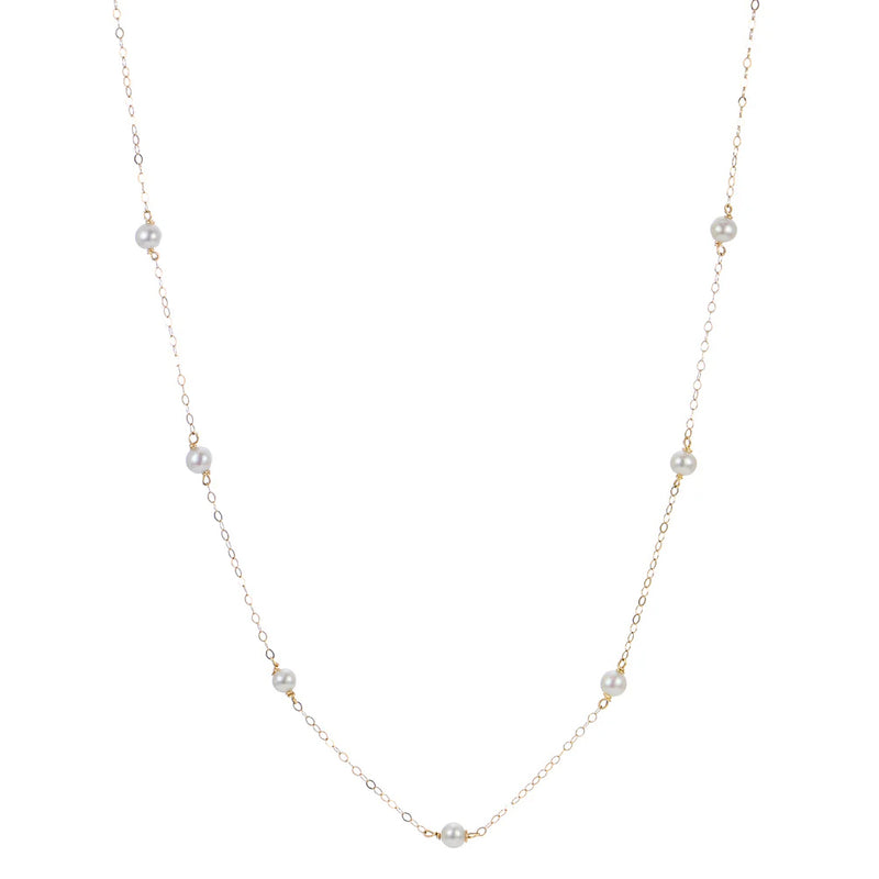 Child's 4MM Pearls Station Necklace, 15 Inches, 14K Yellow Gold