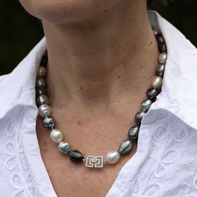 Large Tahitian Pearls with Deco Style Diamond Clasp, 14K White Gold