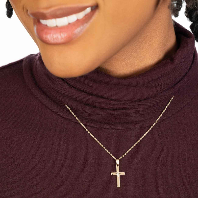 Classic Cross with Diamond, 1 Inch, 14K Yellow Gold