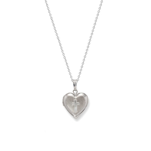 Satin Finish Heart Locket with Cross, 15-Inch Chain, Sterling Silver