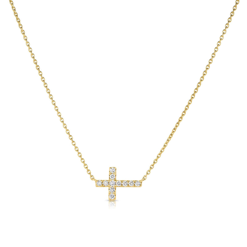 Sideways Diamond Cross Necklace, 14K Yellow Gold