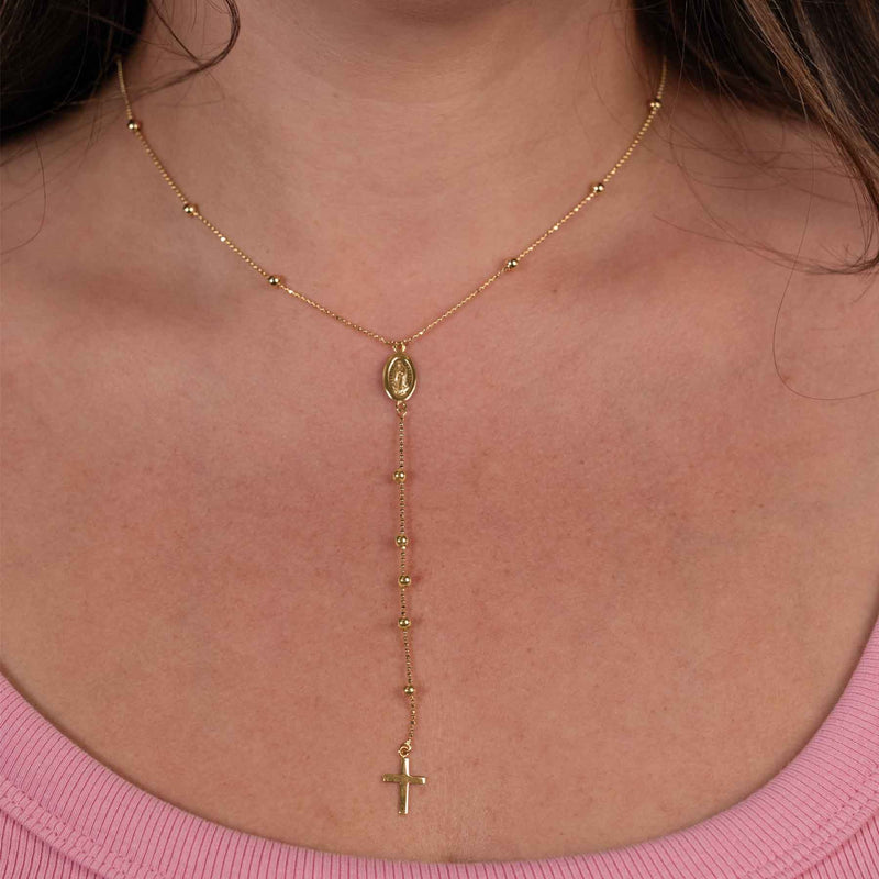 Virgin Mary and Cross Adjustable Necklace, 14K Yellow Gold