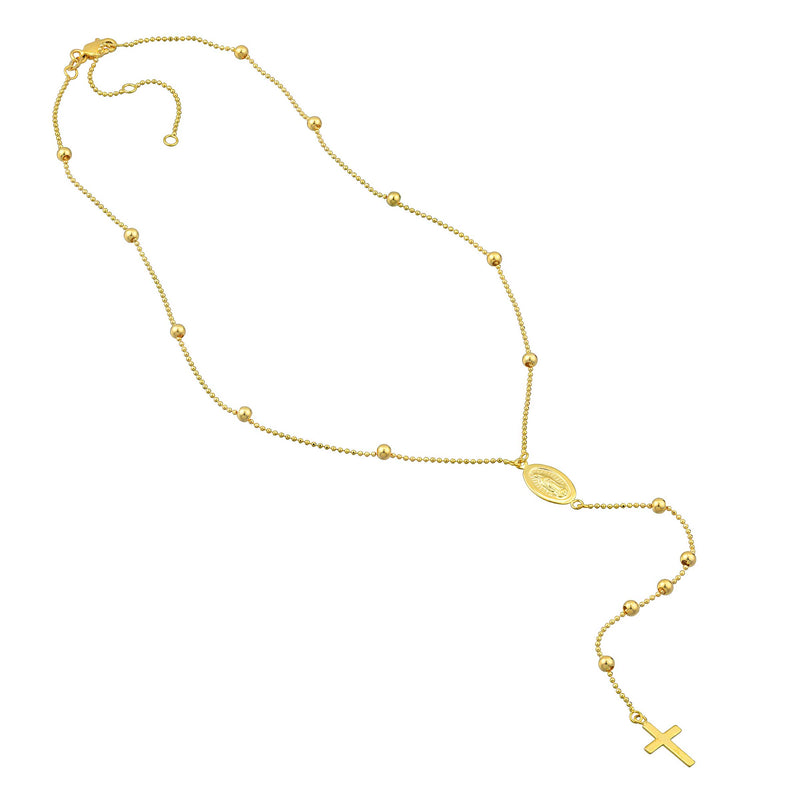 Virgin Mary and Cross Adjustable Necklace, 14K Yellow Gold