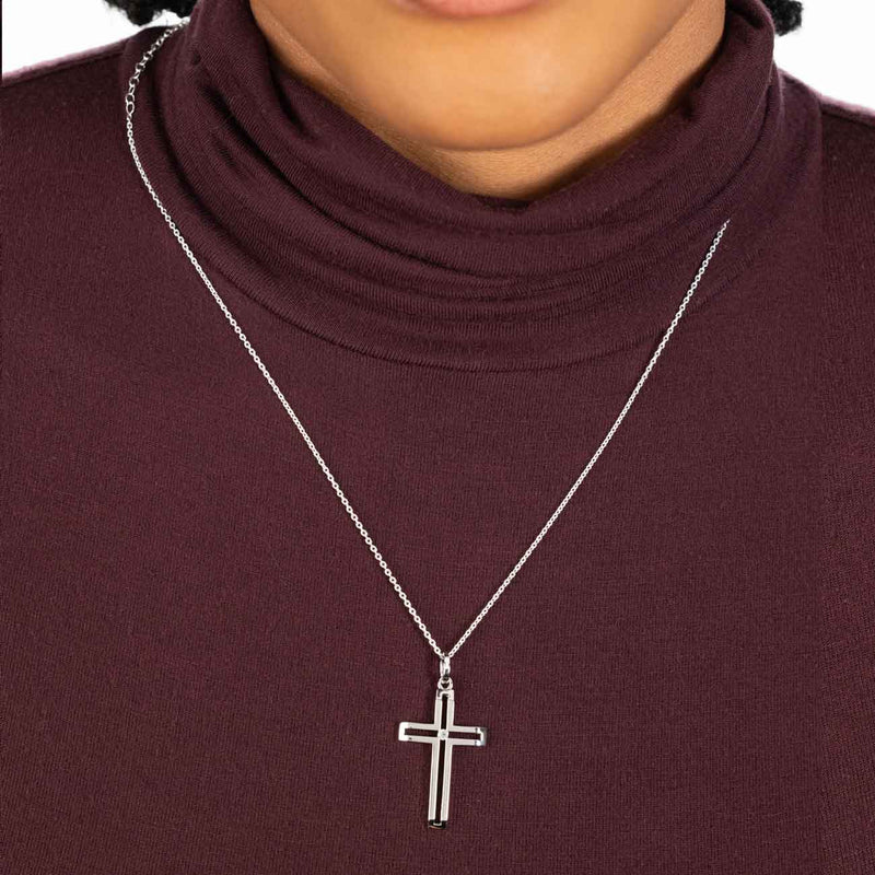 Modern Design Cross with White Sapphire, Sterling Silver