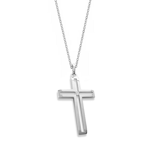 Modern Design Cross with White Sapphire, Sterling Silver