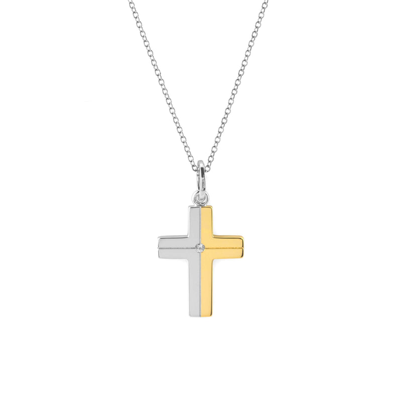 Two Tone Cross with White Sapphire, Sterling and Gold Plated