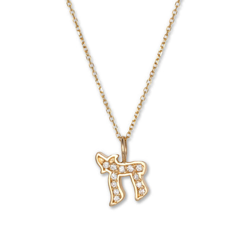 Petite Diamond Chai Pendant, 14K Yellow Gold