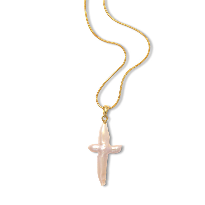 Freshwater Cultured Pearl Cross Shape Pendant, Gold Plated
