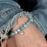 Aquamarine and White Baroque Cultured Pearl Stretch Bracelet