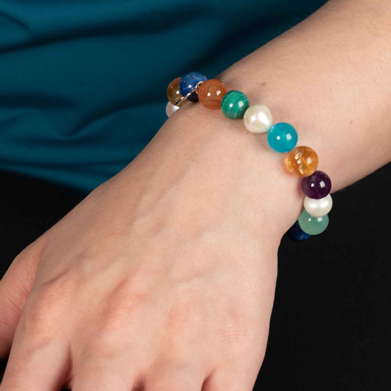 Carnelian, Malachite, Turquoise, Citrine, Amethyst and Baroque Pearl Stretch Barcelet