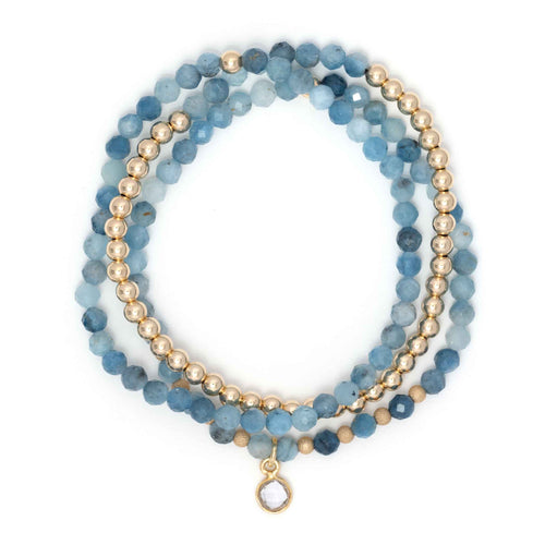 Aquamarine and Gold Filled Beads, 4MM, Stretch Bracelets, Set of 3