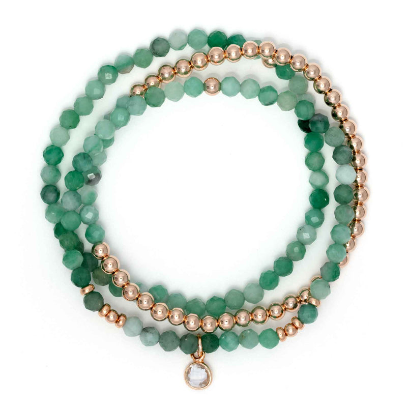 Raw Emerald and Gold Filled Beads, 4MM, Stretch Bracelets, Set of 3