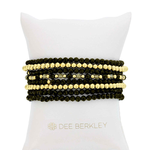 Black Agate and Gold Filled Beads, 4MM, Stretch Bracelets, Set of 8