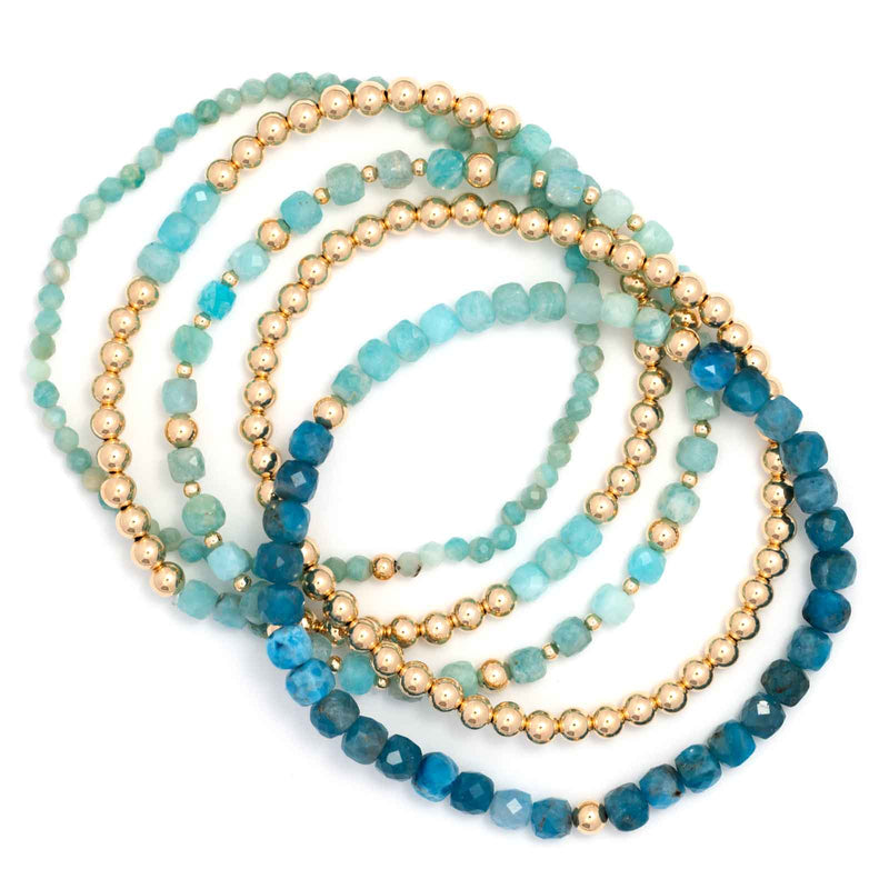 Colors of the Sea and Gold Filled Beads, Stretch Bracelets, Set of 5