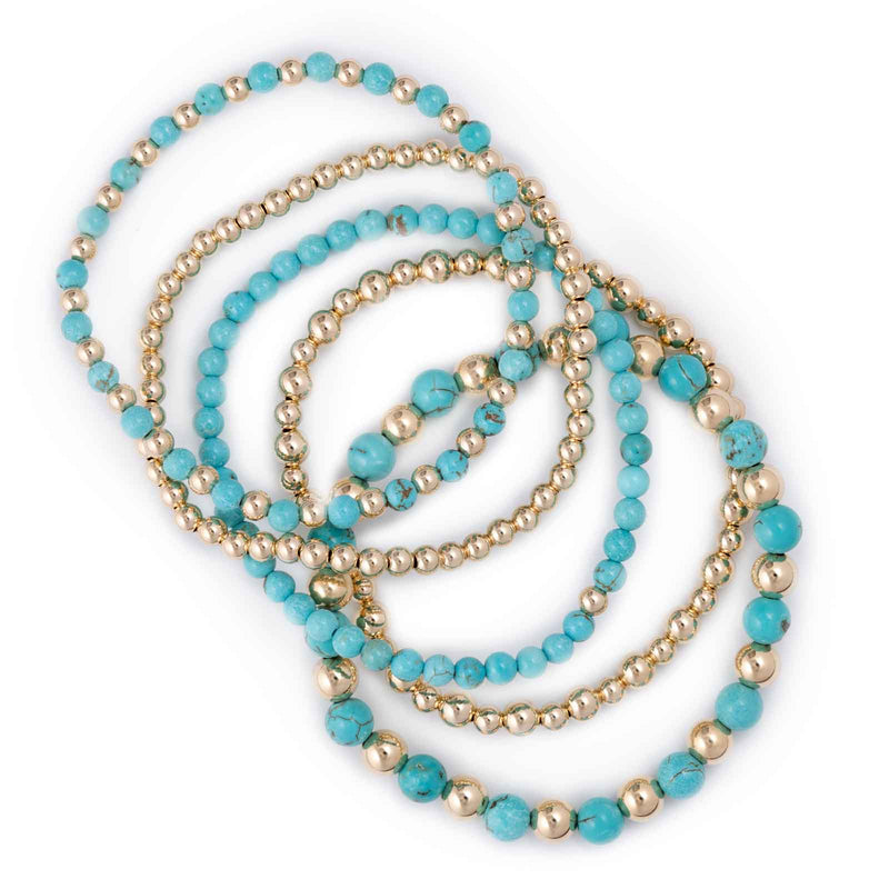 Blue Howlite, Gold Filled Beads, 5 Stretchy Bracelets Set