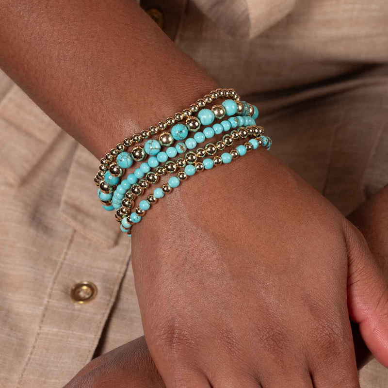 Blue Howlite, Gold Filled Beads, 5 Stretchy Bracelets Set