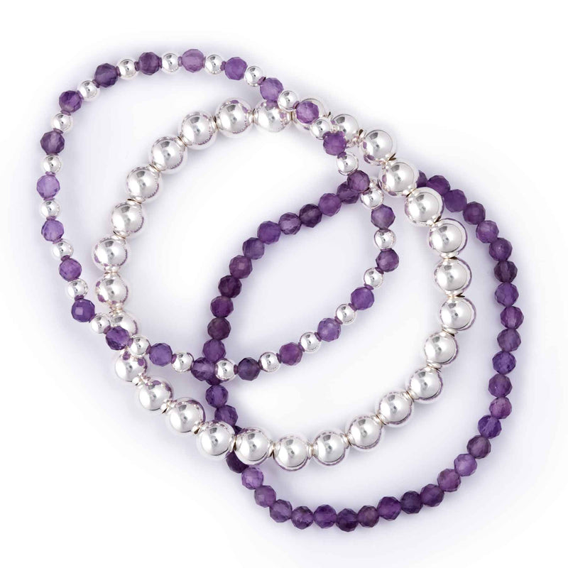 Amethyst, Sterling Silver Beads, 3 Stretchy Bracelets Set
