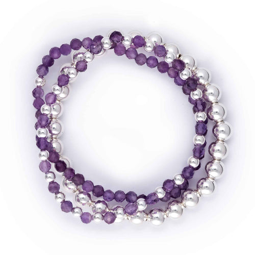 Amethyst, Sterling Silver Beads, 3 Stretchy Bracelets Set