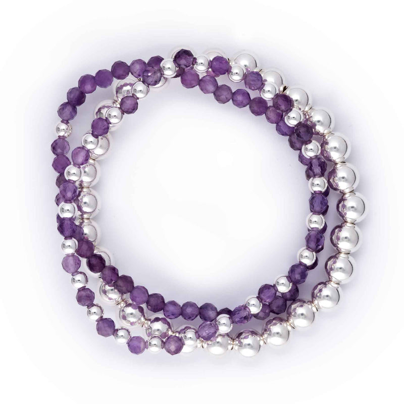 Amethyst, Sterling Silver Beads, 3 Stretchy Bracelets Set