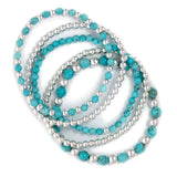 Blue Howlite, Silver Beads, 5 Stretchy Bracelets Set