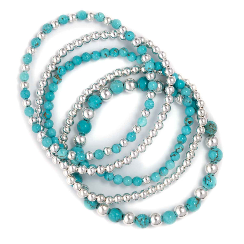 Blue Howlite, Silver Beads, 5 Stretchy Bracelets Set