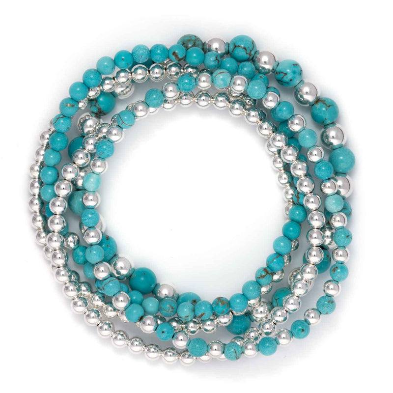 Blue Howlite, Silver Beads, 5 Stretchy Bracelets Set