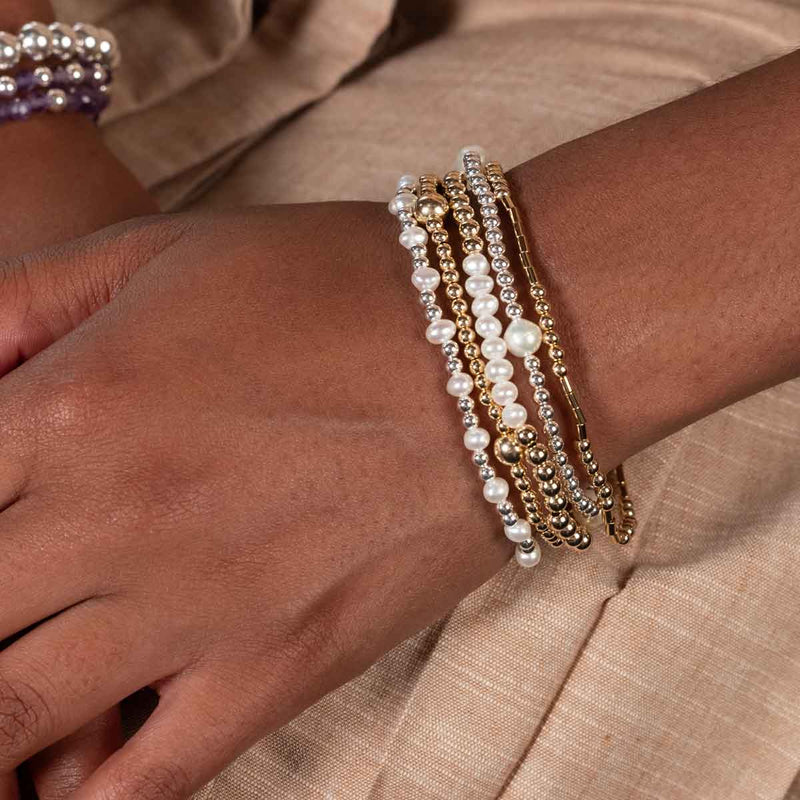 Pearl, Gold Filled, Sterling Silver Beads, 5 Stretchy Bracelets Set