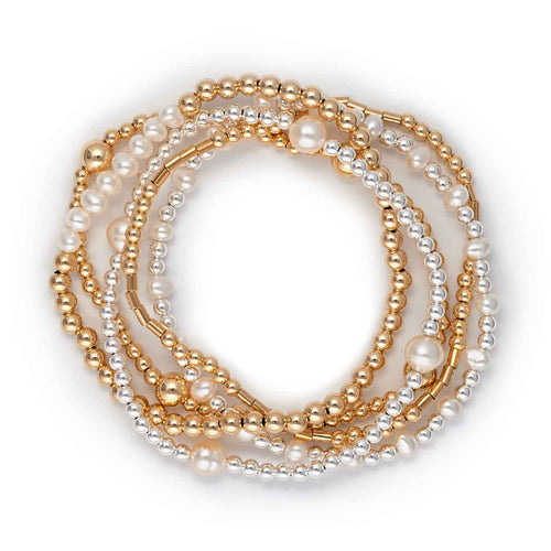 Pearl, Gold Filled, Sterling Silver Beads, 5 Stretchy Bracelets Set