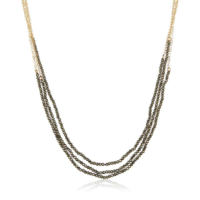 Pyrite Triple Strand Necklace, Yellow Gold Plating