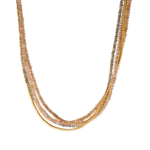 Multi-Strand Peach Moonstone, Smoky Quartz, and Pearl Necklace, 24 Karat Vermeil