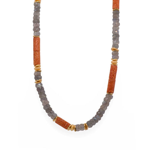 Labradorite and Coral Bead Necklace, 24 Karat Vermeil