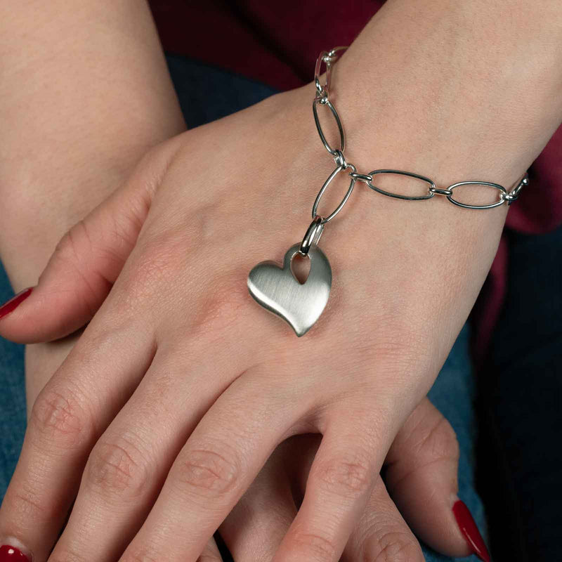 Satin Finish Heart Charm Bracelet, Sterling Silver, 7.75 Inches Long