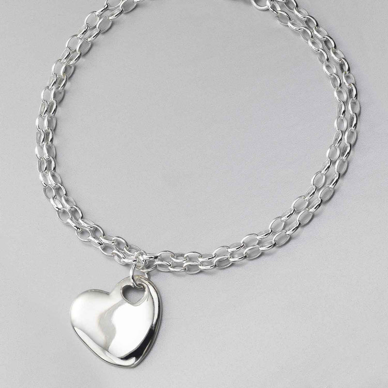 Heart Charm Bracelet with Double Rolo Link Chain, Sterling Silver, 7.25 Inches