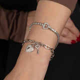 CZ Heart Lock and Key Link Bracelet, Sterling Silver