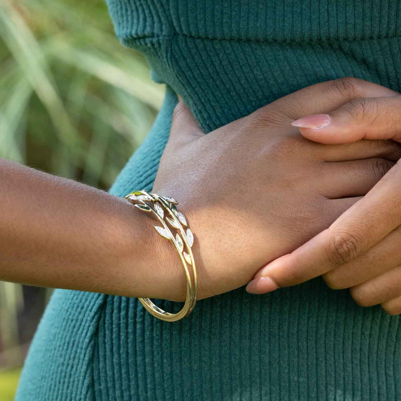 Leaf Design Hinged Bangle Bracelet, Yellow Gold Plated Silver
