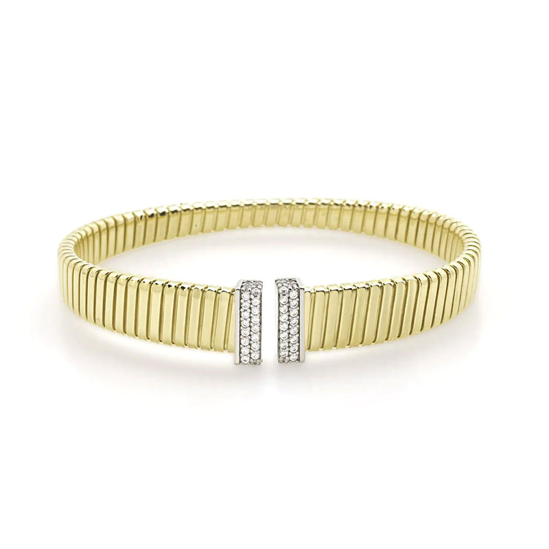Ribbed Cuff Braclet with CZ, Gold Plated