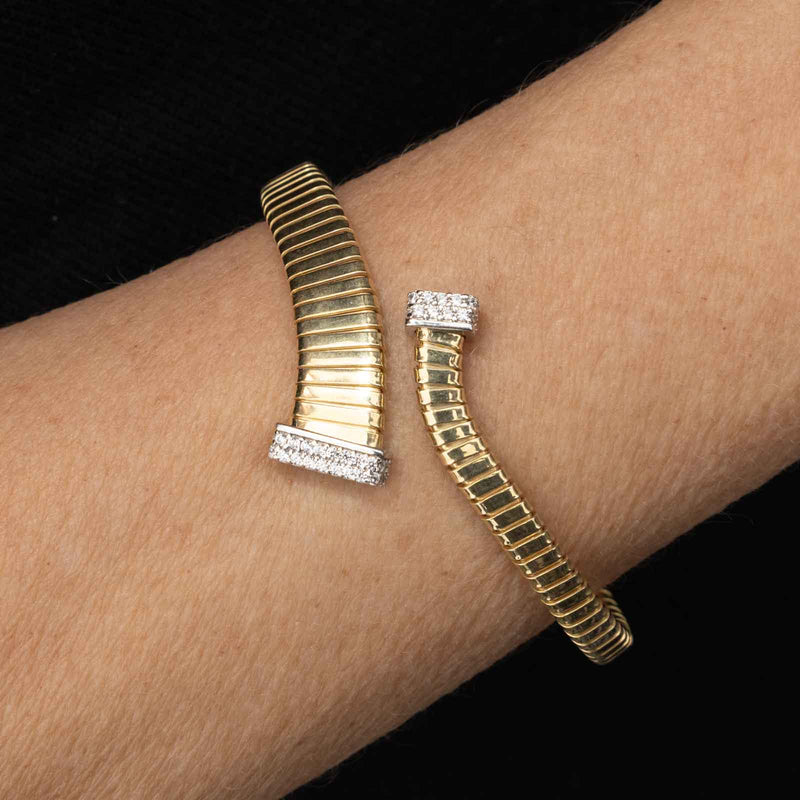 Ribbed Bypass Style Bracelet With CZ, Gold Plated Silver