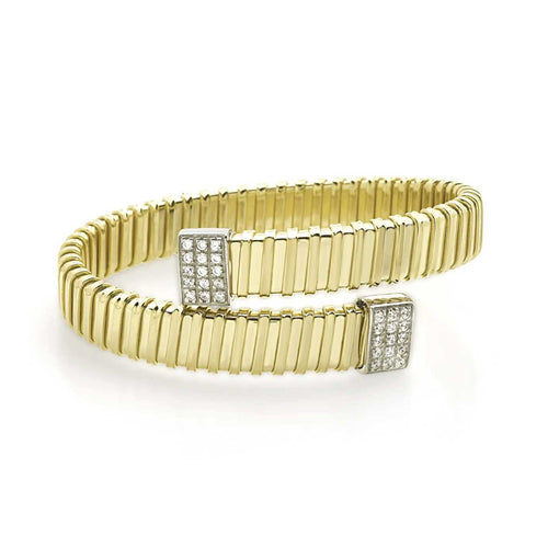 Ribbed Bypass Style Bracelet With CZ, Gold Plated Silver