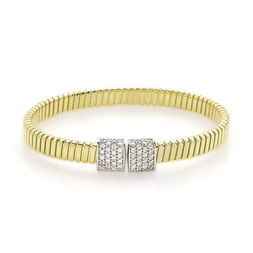 Ribbed Cuff Braclet with CZ, Gold Plated Silver