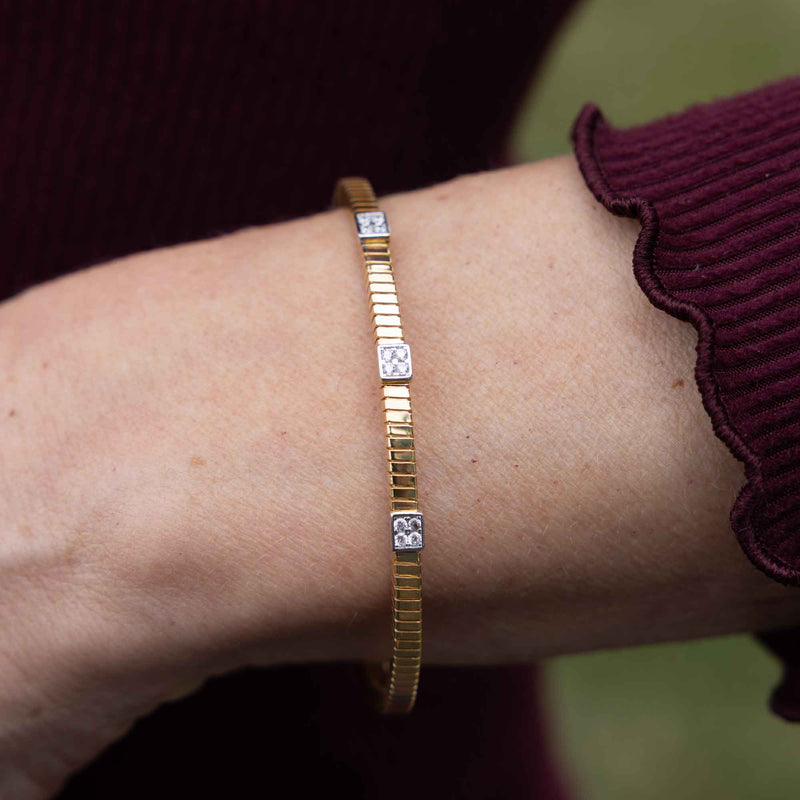 Ribbed Cuff Bracelet with Three CZ Elements, Gold Plated Silver