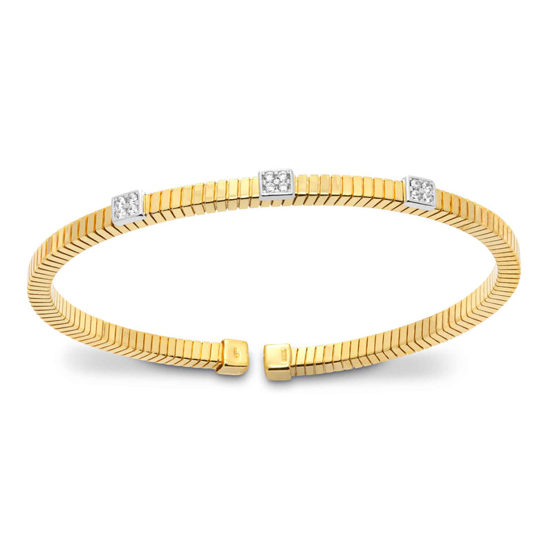 Ribbed Cuff Bracelet with Three CZ Elements, Gold Plated Silver