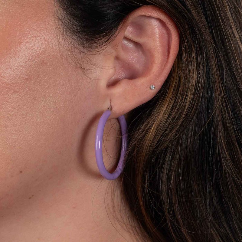 Purple Enamel Hoop Earrings, 1.25 Inches, Sterling Silver