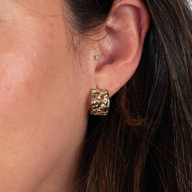 Leaf Design Huggie Hoops, Yellow Gold Plated Silver