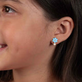 Blue Enamel Flower with Pearl Drop Earrings, Sterling Silver
