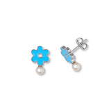 Blue Enamel Flower with Pearl Drop Earrings, Sterling Silver
