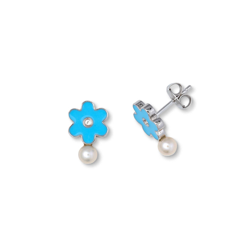 Blue Enamel Flower with Pearl Drop Earrings, Sterling Silver