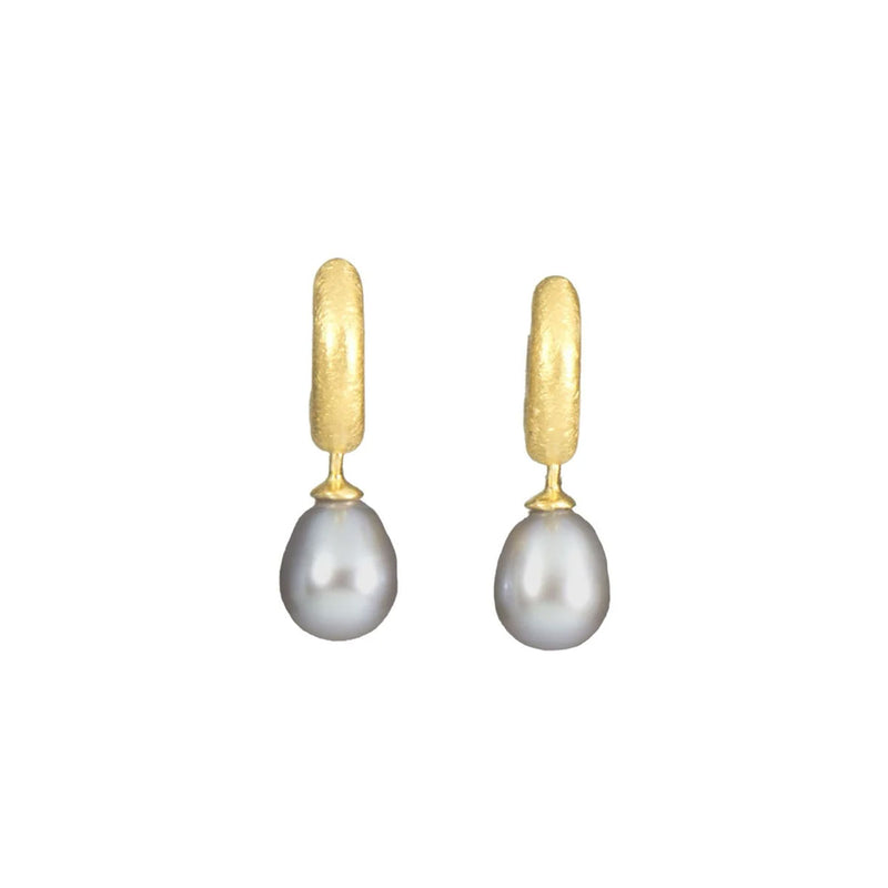 Grey Pearl Drop Huggie Earrings, 24 Karat Vermeil